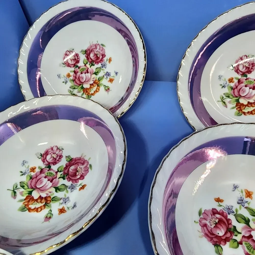 6 Westwood Luster Floral Bowls Gold Trim Purple Set 5 1/2